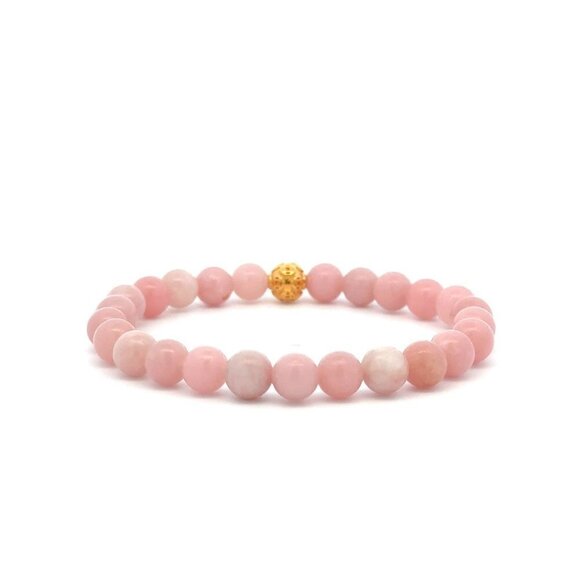 18K Gold Coin Ball Lucky Charm Bracelet Gemstones Natural Pink Opal 6mm - Picture 4 of 5